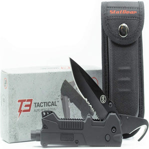 StatGear T3 Tactical Auto Rescue Tool - Folding Rescue Knife, Glass Window Breaker, Seatbelt Cutter, Molded Grips, LED Light, Sheath