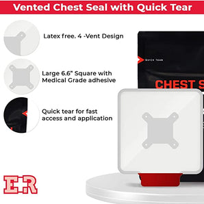 Vented Chest Seal with Quick Tear - 6.6” Square - 3 Pack