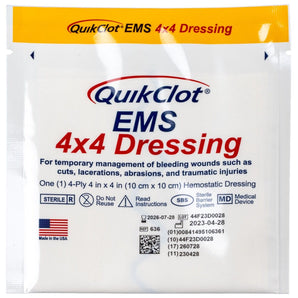 QuikClot Hemostatic EMS Bleeding Control Dressing, 4'' x 4''